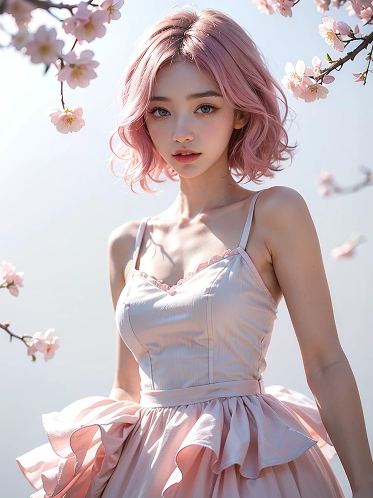 light pink hair, pink eyes, in Pink and white, Cherry blossom leaves, bright colors, white dress, paint splatter, White background, Ray tracing, curls