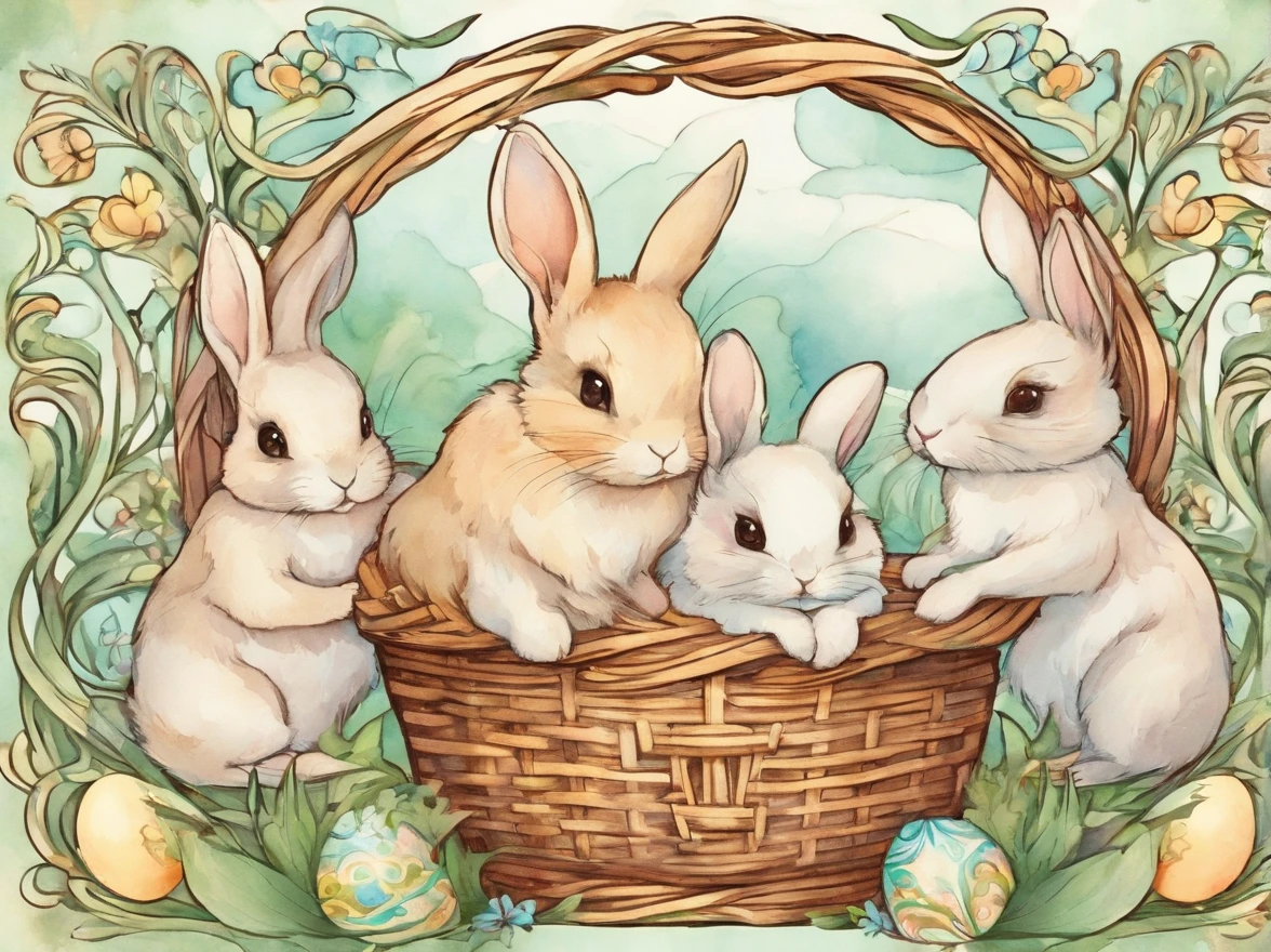 A few little cute bunnies inside a basket with easter eggs in a easter art holiday atmosphere watercolor masterpiece, soft colors, soft light, easter holiday decor, 8K, detailed
