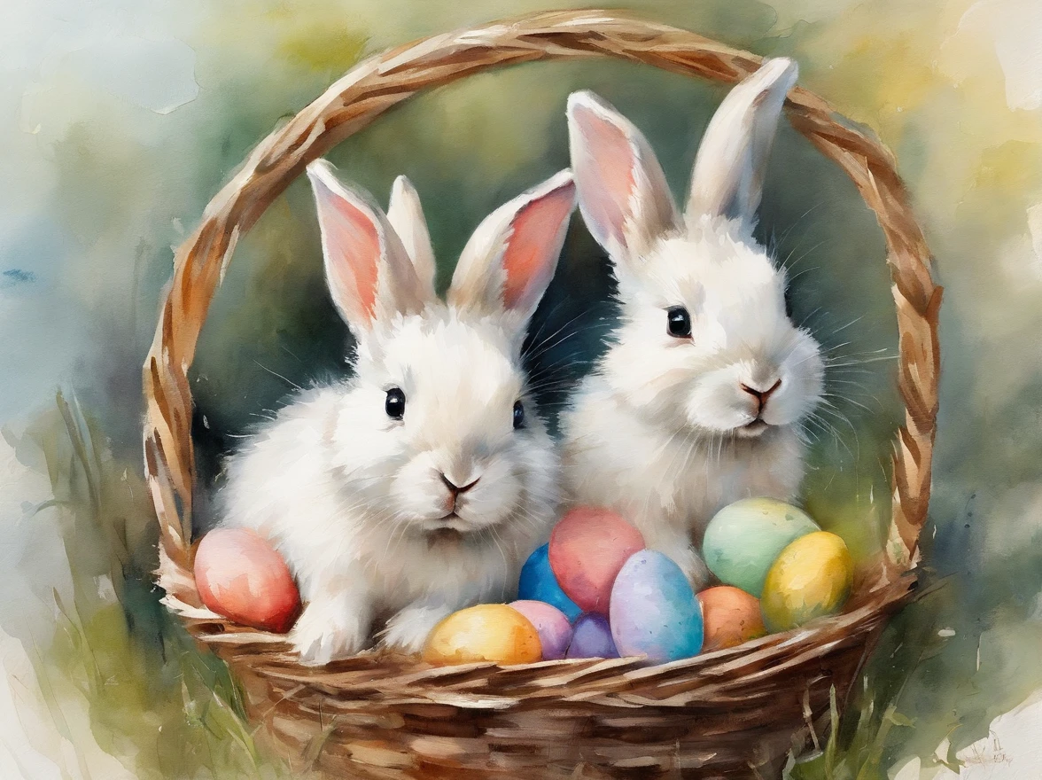 2 little cute bunnies inside a basket with easter eggs in a easter art holiday atmosphere watercolor masterpiece, soft colors, soft light, easter holiday decor, 8K, detailed, highest quality artwork