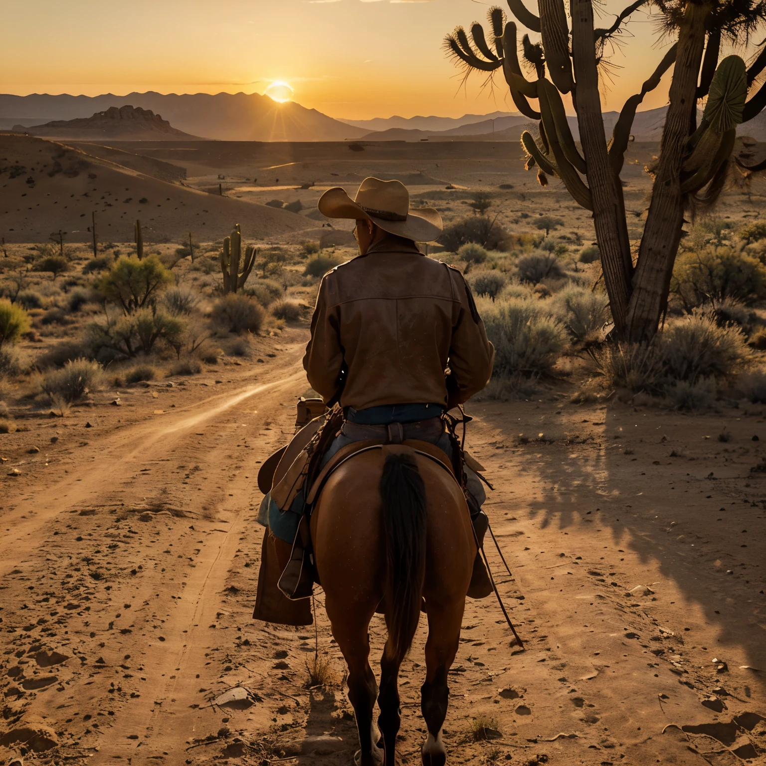 (a cowboy playing solitaire, facing the setting sun),Western-themed,desert landscape,hand-painted illustrations,vintage style,old wooden saloon,traditional cowboy hat,leather boots,dusty road,silhouette of cacti,cowboy attire,horse,horseback riding in the distance,red and orange color palette,warm golden sunlight,soft shadows,peaceful atmosphere,distant mountains. (best quality,ultra-detailed,realistic:1.37),HDR,stunning sunset,high-resolution,masterpiece:1.2.