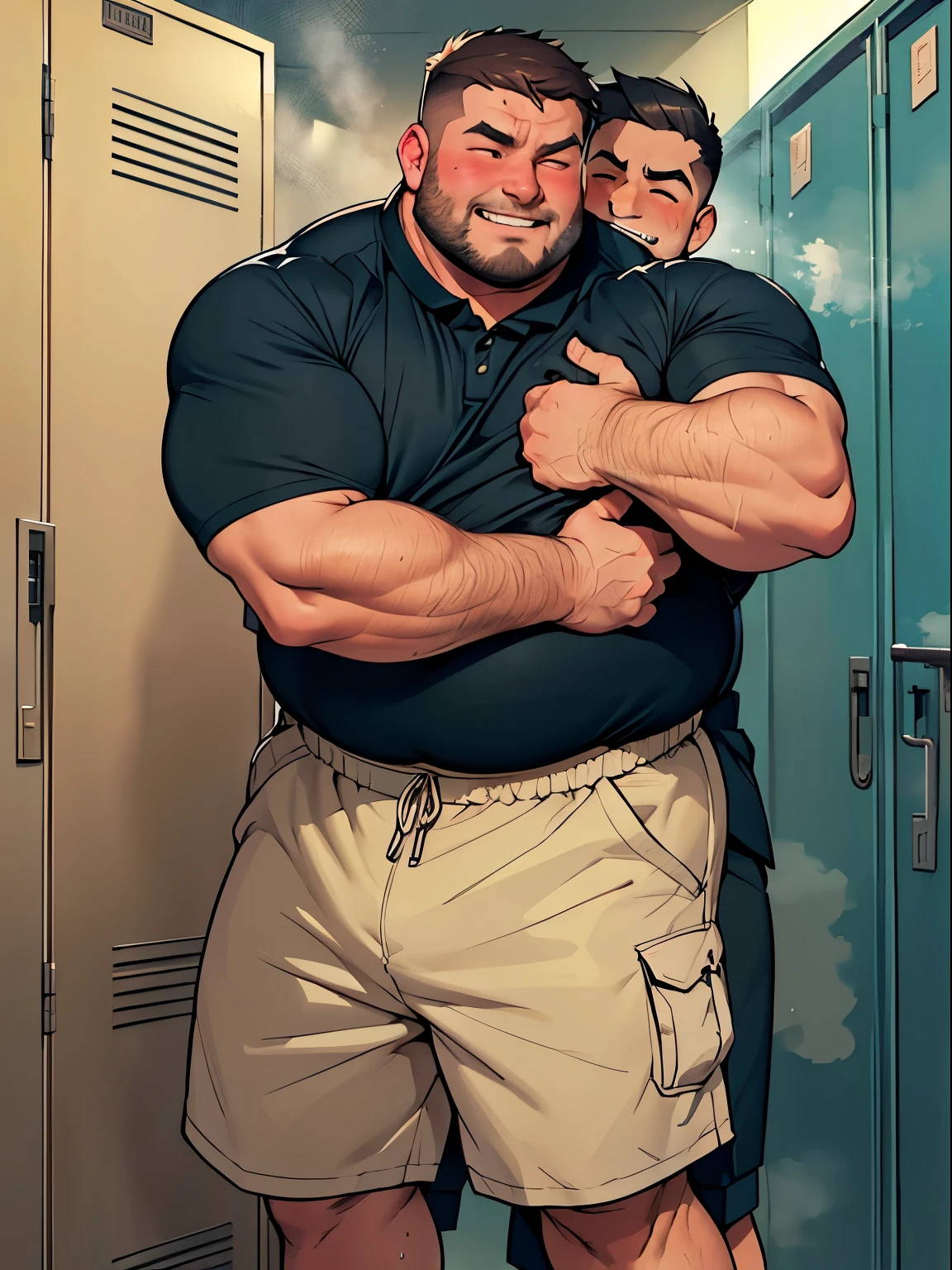national foundation,​Masterpiece,top quality,fat man,Hug a man face to face,wearing military uniform，Cross your shoulders,(blush),(sweating,Steam:1.2),Uncle is carrying a man on his back,(Fat face man,man wearing shorts,grinning),locker room,The heart flies