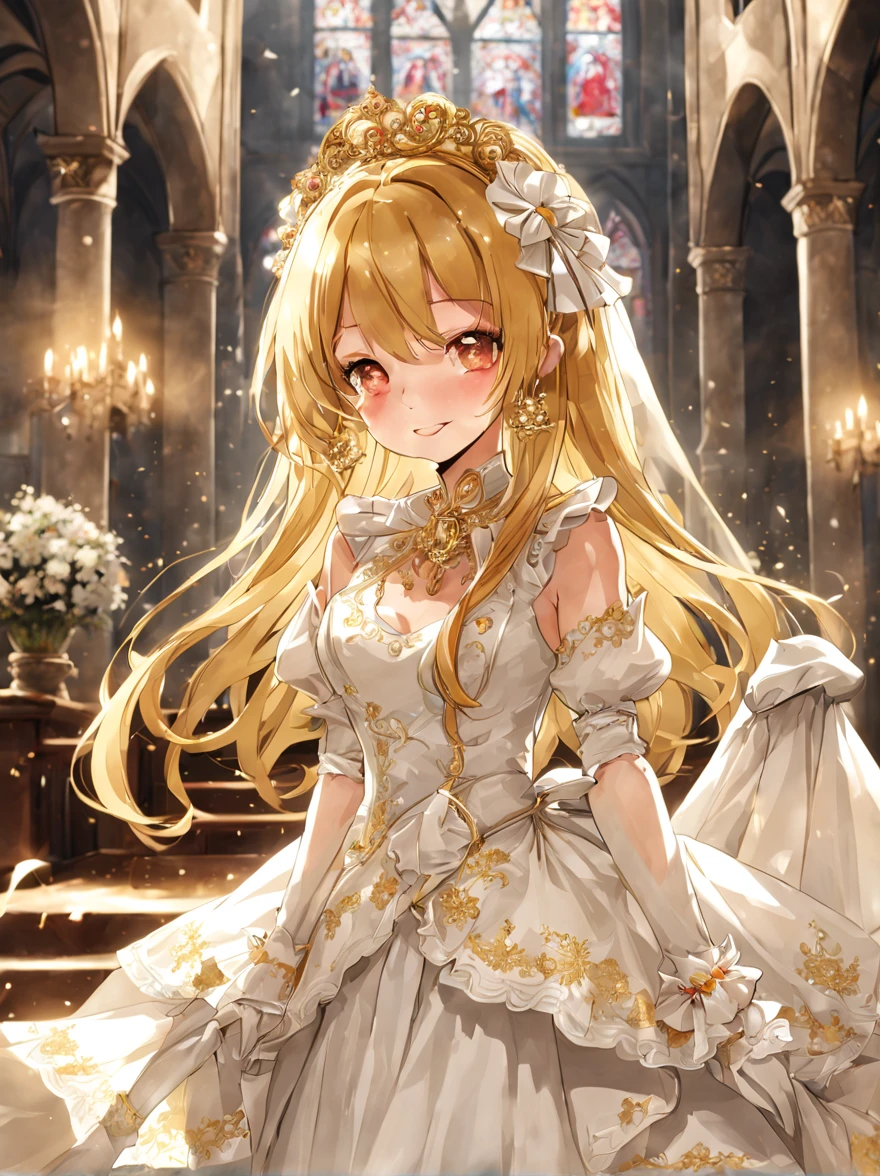 In front of the altar of a majestic church、（blurred background）、bright light、golden long hair girl、Classic White Wedding Dresses、（elegant luster）、（Lots of races）、lots of ribbons、（（voluminous puff sleeves））、long cuffs with many buttons、golden embroidery、long train、white embroidered gloves、5 fingers、A sloppy smile、Redness of the cheeks