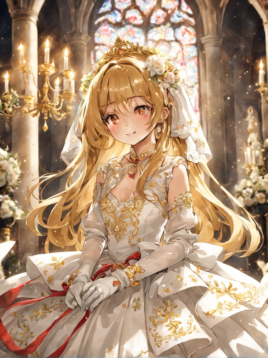 In front of the altar of a majestic church、（blurred background）、bright light、golden long hair girl、Classic White Wedding Dresses、（elegant luster）、（Lots of races）、lots of ribbons、（（voluminous puff sleeves））、long cuffs with many buttons、golden embroidery、long train、white embroidered gloves、5 fingers、A sloppy smile、Redness of the cheeks