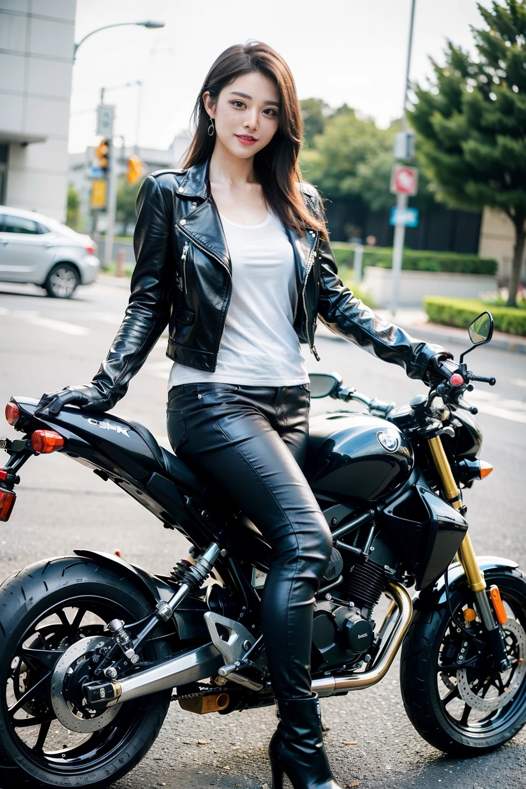 ((highest quality, 8K, masterpiece :1.3)),
Japanese cute milf with a curvaceous body and some moles,
super detailed face, fine eyes, double eyelid,
smile, coquettish look,
brown hair, 
wearing a black leather jacket, leather pants gloves and boots,
ride a motorcycle, Whole motorcycle,
street, outdoor,
