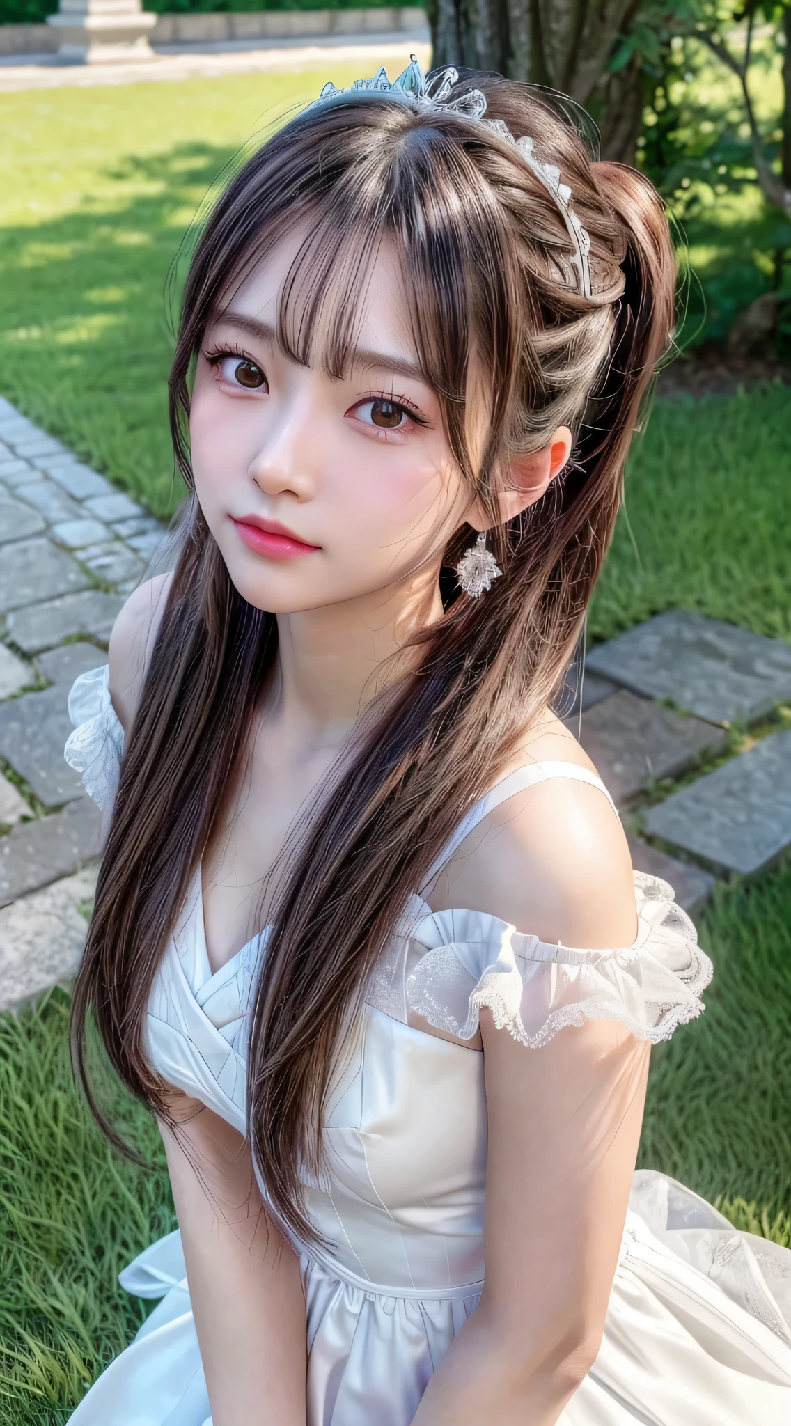 (Best Quality、Mastepiece:1.2)、One girl、Solo、Long Hair、Black Hair、Twin tails、Charm_Ear、White Dress、Charm、12 years old、Highly detailed eyes and face、Eyes with beautiful details、garden、A shy smile.(Petite、Being thin、Slender:1.2)