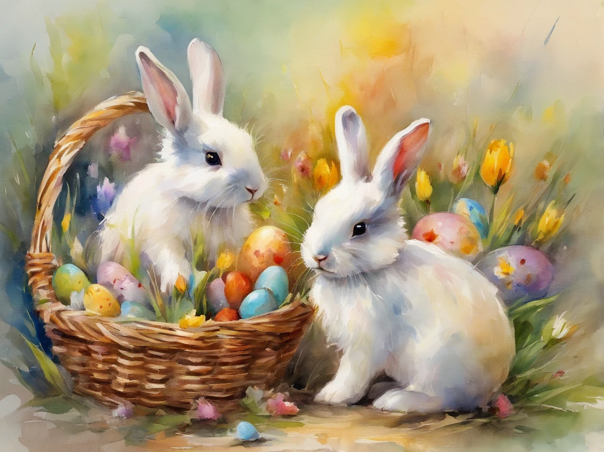 2 little cute bunnies inside a basket with easter eggs and flowers in a easter art holiday atmosphere watercolor, masterpiece, soft bright colors, soft light, easter holiday decor, 8K, detailed, highest quality artwork