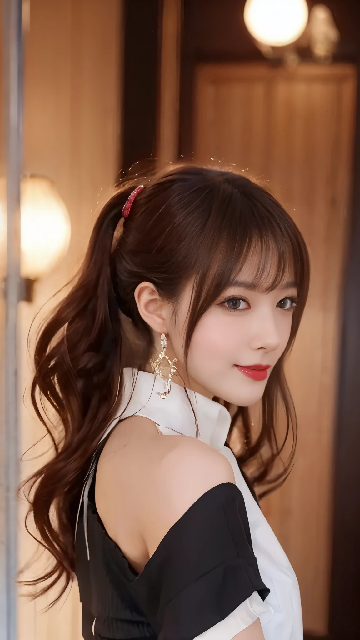 beautiful japanese woman,Photos taken by a professional photographer,Fancy makeup with red eyeshadow,double eyelid,The best smile,Delicate brown hair with short cut and side waves,big ring earrings,elegant legs,Wearing black high heels,long and thin legs, white shirt and super miniskirt, long legs, standing during class, very beautiful slim legs, とても美しいlong and thin legs, sitting at desk, Business service, beautiful feet, good hips and long legs, beautiful feet, surreal high school girl, cleavage,