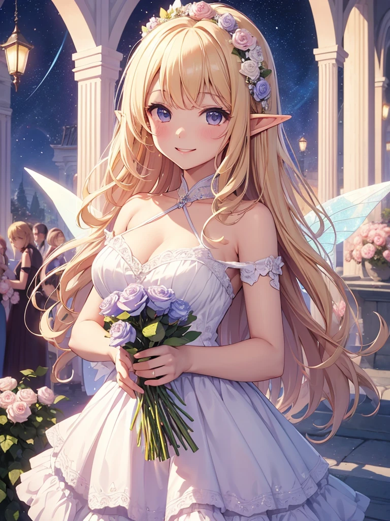 highest quality、Highest image quality、masterpiece、、Close-up、Esbian、High quality、beautiful art、background((starry ski)))muste piece、visual art、Depth of bounds written、rose palace、、magic of light、、harp melody🎵、A happy smile、blonde hair、sunglasses、gentle light、beautiful fairy elf、angel wings、large wings,beautiful dress、ticker beautiful decorative、mystical rosa、、celebration!anniversary、myth、Art nouveau friendly smile、Give me a bouquet of party white roses、Marchen funny images、humor