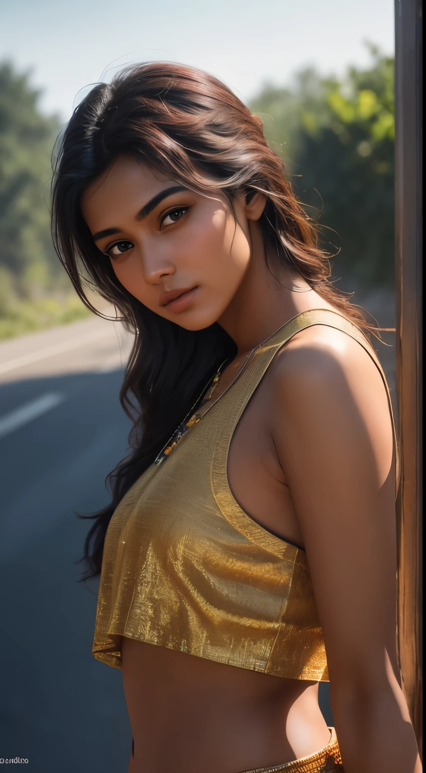 young Indian girl, 18-year-old, red top, gentle lighting, intricate facial details, flawless complexion, top-notch 3D rendering, hyper-realistic, shot on Indian road. photorealistic digital art trending on Artstation 8k HD high definition detailed realistic, detailed, skin texture, hyper detailed, realistic skin texture, armature, best quality, ultra high res, (photorealistic:1.4),, high resolution, detailed, raw photo, 400 camera f1.6 lens rich colors hyper realistic lifelike texture dramatic lighting unrealengine trending on artstation cinestill 800