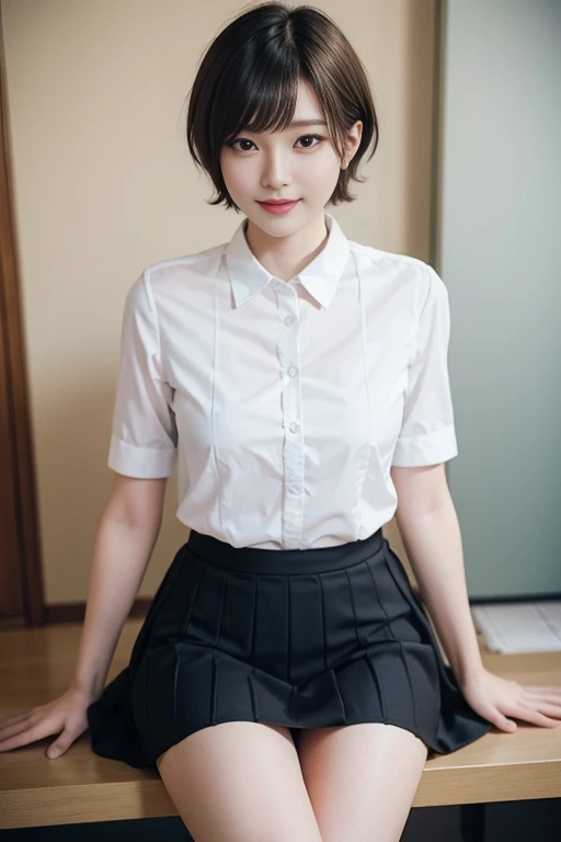 ultra highres,(reality: 1.4),highest quality, masterpiece, high detail, 16K quality, beautiful, 1 beautiful girl,japanese,super beautiful face,baby face,japanese idol face,cute face,super detailed face,detailed hand,beautiful skin,sweaty skin,big eyes,big smile,profeccional lighting,short hair, black hair,brown beautiful eyes, see through white shirt,cleavag,checked skirt,sitting with knee up,((spread legs)),skirt lift,(((show off panty))),((white panty)),medium breasts,she is looking at the camera,modern style classroom,nsfw,from front,