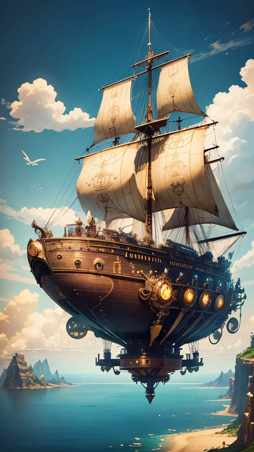 steampunkai。highest quality。masterpiece。excessive details。複数のislandが空中に浮かんでいる。island々Airships and pterosaurs are flying between them.。aerial perspective。The background is blue sky and white clouds。