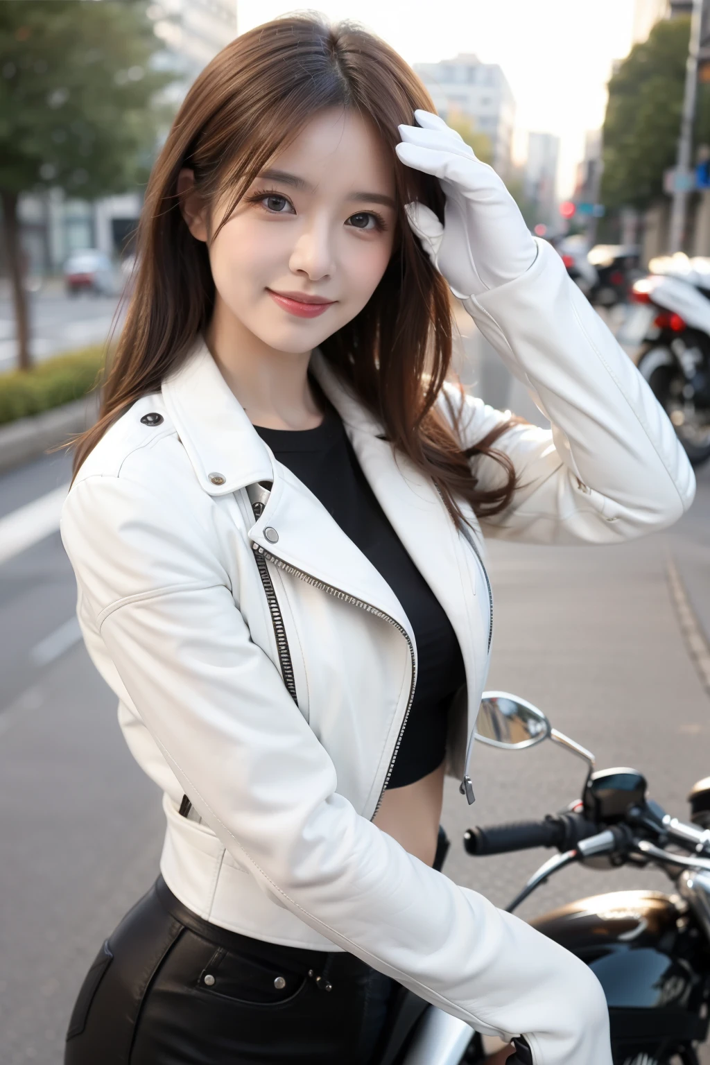 ((highest quality, 8K, masterpiece :1.3)),
Japanese cute milf with curvaceous body,
super detailed face, fine eyes, double eyelid,
smile, coquettish look,
brown hair, beautiful woman,wearing a white leather jacket, leather pants gloves and boots,helmet motorcycle ride, Whole motorcycle,
street, outdoor,
