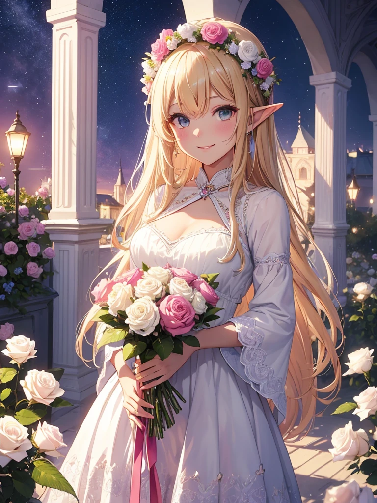 highest quality、Highest image quality、masterpiece、、Close-up、Esbian、High quality、beautiful art、background((starry ski)))muste piece、visual art、Depth of bounds written、rose palace、、magic of light、、harp melody🎵、A happy smile、sunglasses、blonde hair、gentle light、beautiful fairy elf、beautiful dress、ticker beautiful decorative、mystical　rosa、、celebration！anniversary、myth、Art nouveau friendly smile、Give me a bouquet of party white roses、Marchen funny images、ユーモアsunglasses🕶️