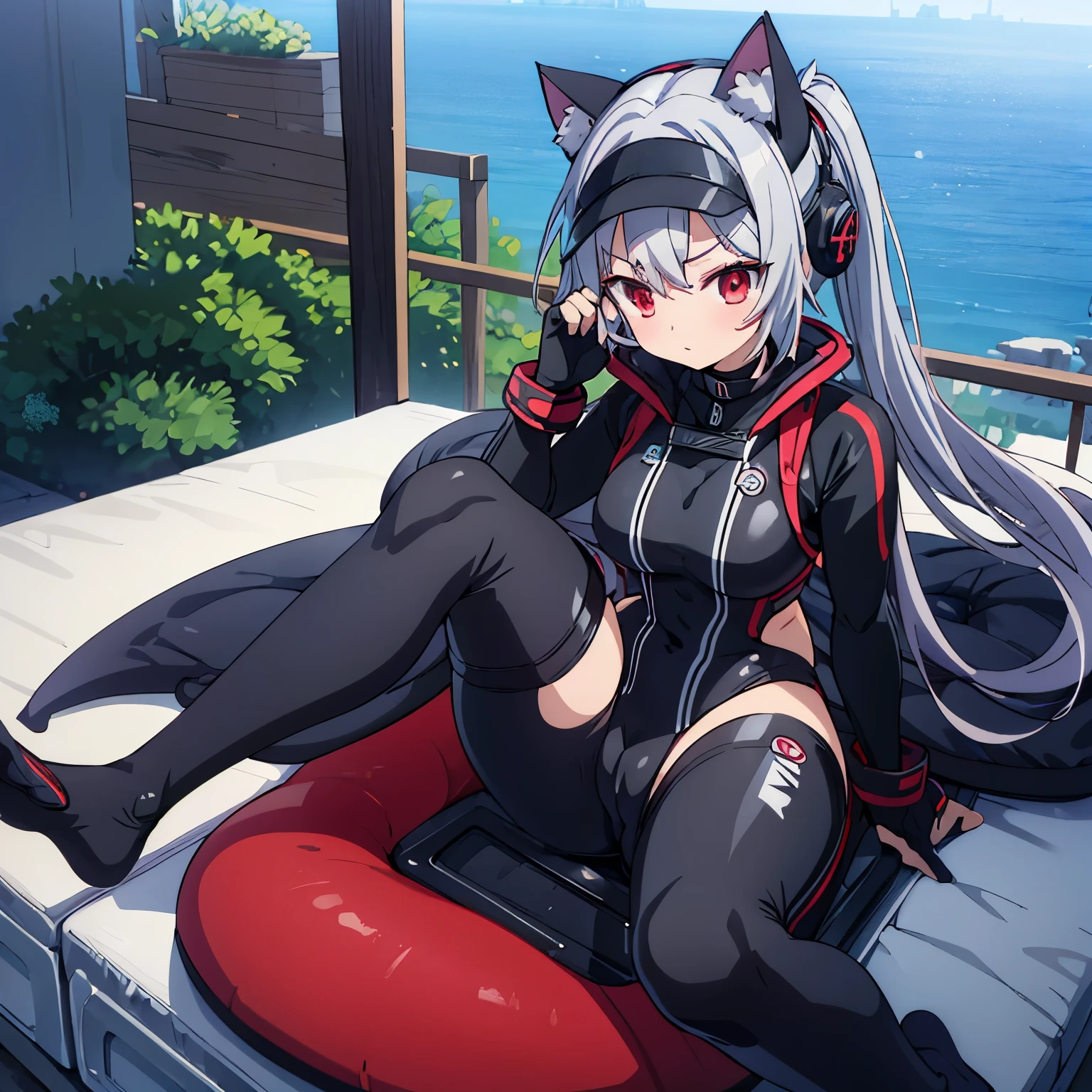 20 year old anime girl, cat ears, grey hair, red eyes, in a neoprene wetsuit, wearing gloves and socks feet shot