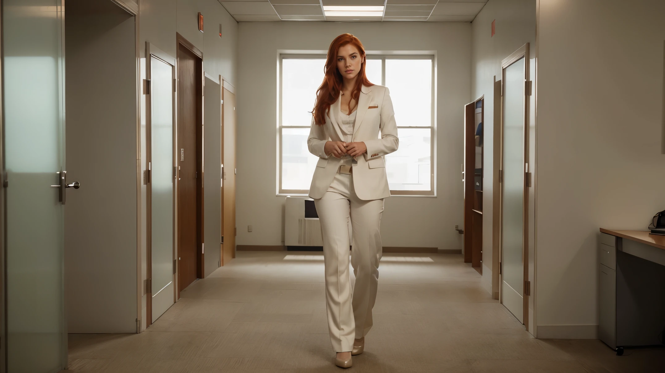 Full length head to toe photograph of a beautiful tall woman with red faded hair and hazel green eyes, wearing a white suit, standing in the office, hyper realistic, extremely detailed, textured skin, cinematic lighting, full body shot