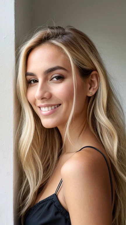 Une femme blonde de 20 ans, Salon, ((Hyperréalisme)) encolure, espiègle, Cheveux longs et ondulés, Cheveux aux racines blondes naturelles, Racines de cheveux blonds châtain clair, Arrière-plan simple, la lumière du soleil sur le visage, cheveux extra longs, vêtements élégants, vêtements élégants, selfie, photo prise avec iPhone, selfie, Image du modèle, Pose du modèle, PHOTO ARTISTIQUE, big smile,hyperdetailed photography, soft light, full head and shoulders portrait, cover