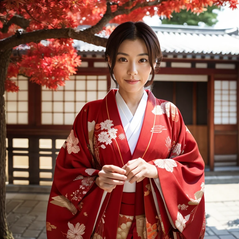 Japanese woman in her 40s with chestnut hair wearing red kimono