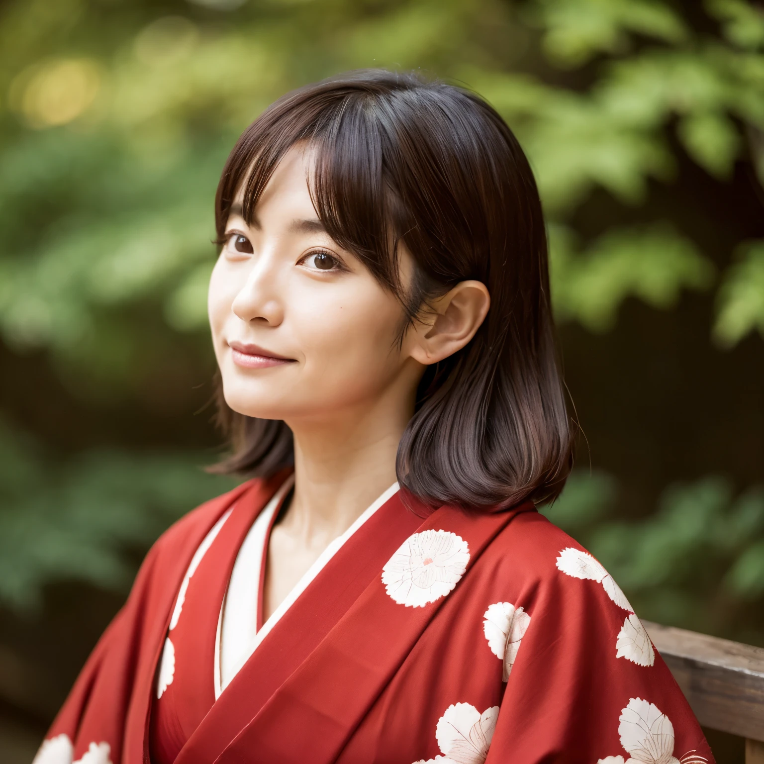 Japanese woman in her 40s with chestnut hair wearing red kimono