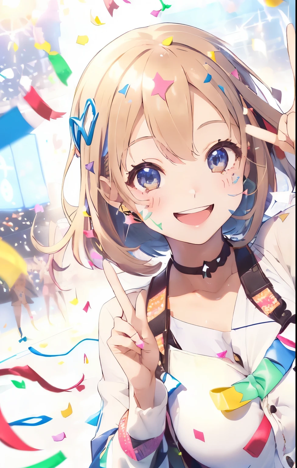 (cute:1.3),(peace sign:1.4),(smiling with open mouth:1.3),(smile:1.25),(Lively and bright atmosphere with confetti and spotlights:1.35),(close up of face:1.25),