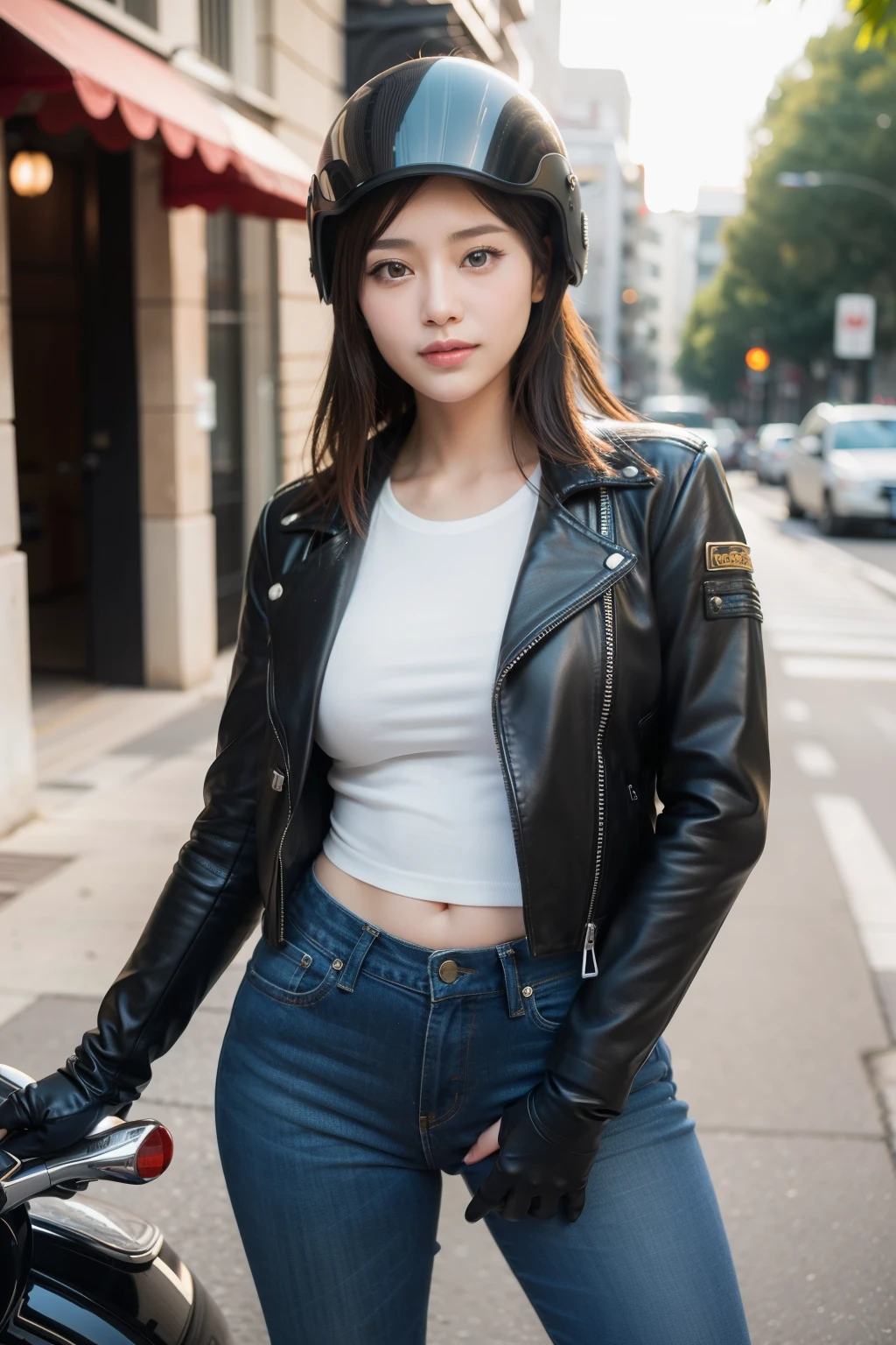 ((highest quality, 8K, masterpiece :1.3)),
Japanese cute milf with curvaceous body,
super detailed face, fine eyes, double eyelid,
coquettish look,urban brown hair, beautiful woman,He wears a fair-skinned leather jacket., leather pants gloves and boots,helmet motorcycle ride, Whole motorcycle,
street, outdoor,