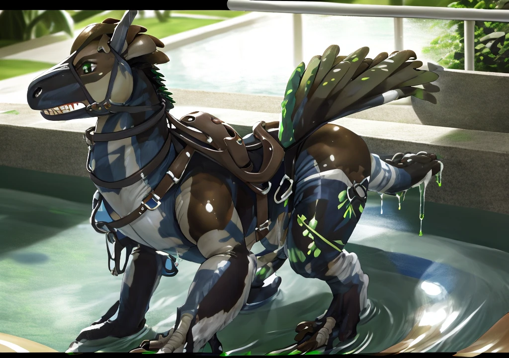 Ultra high resolution, best quality, masterpiece, extremely detailed raw photograph,  (half transformation), male human shiny smooth polyvinyl feathered deinonychus velociraptor mount inflatable fursuit hybridization metamorphosis, in gymnasium pool at night, (part human:1.5), wearing riding saddle bridle and harness, (green:1.9) (gray:1.5) (brown:1.8) (spots:1.1) (stripes:1.1), ((liquid polyvinyl goo partial dripping encasement)), male human feathered velociraptor mount inflatable polyvinyl fursuit hybrid, front zipper, plastic handlebars, air valve nozzle