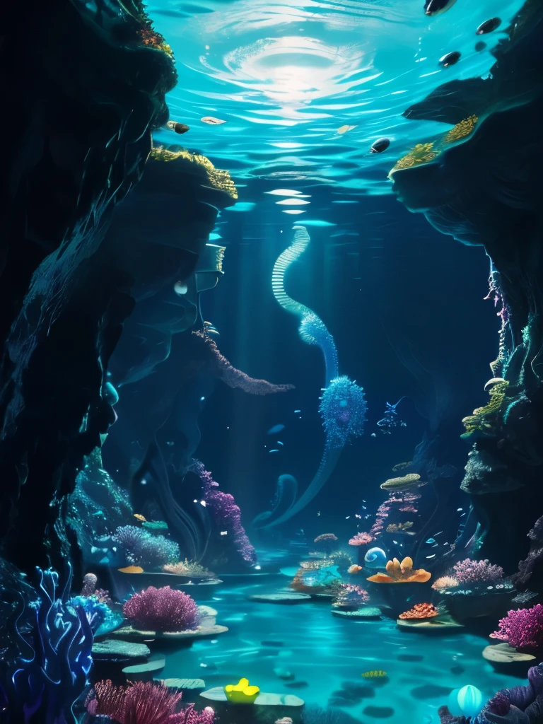 A captivating artisan spring bubbling up from the heart of a subterranean city, adorned with intricately designed vessels and channels crafted from the finest materials. The water, crystal clear and iridescent, reflects the soft glow of countless luminescent glow worms clinging to the damp cavern walls. Swimming gracefully among the colorful cephalopods, their iridescent tentacles dancing in the light, the neon sealife adds a vibrant pop of color to this underwater wonderland. Suspended above, the dome habitats shimmer with elegant detail, their glassy surfaces revealing lush underwater gardens teeming with aquatic flora