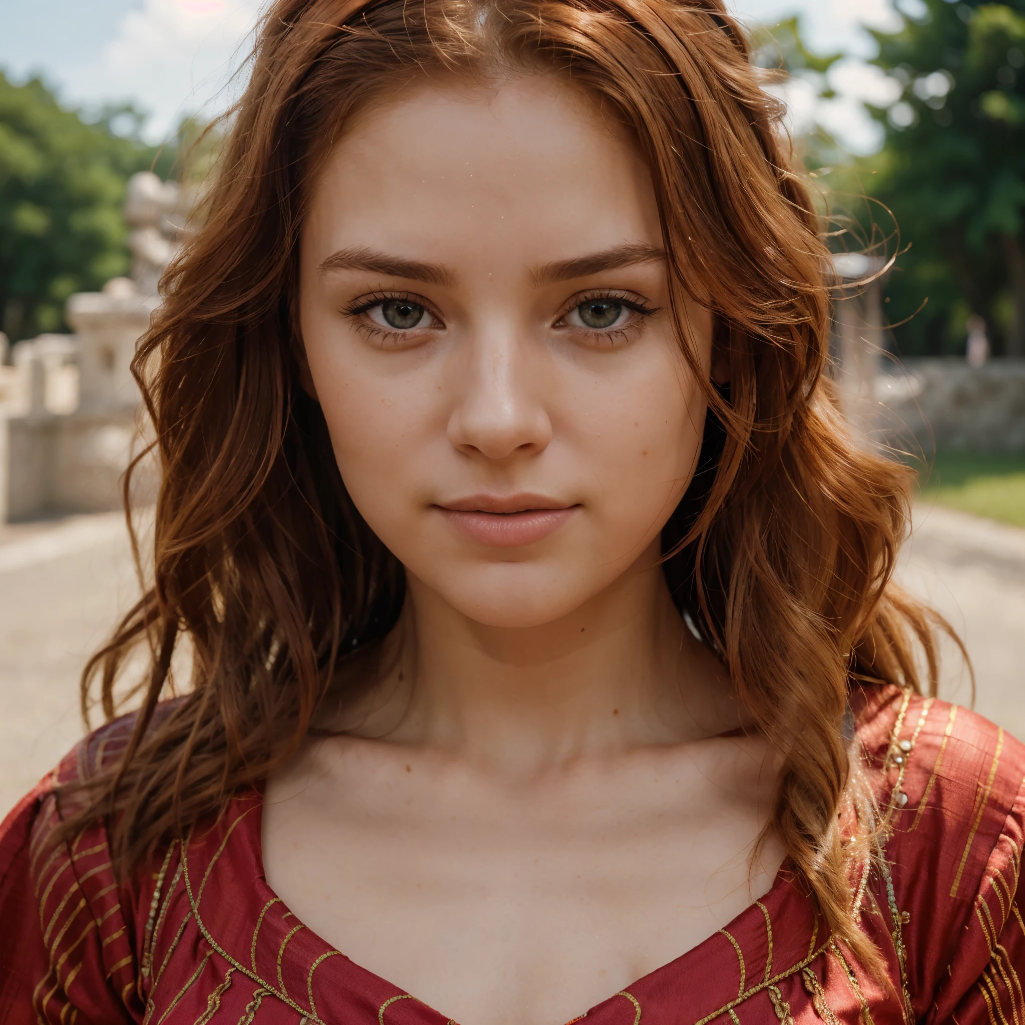 RAW uhd portrait of 24-year-old blonde close-up, Natural red hair, castles, Wavy, (brown-eyed woman) posh clothes, full body, entire body in frame, jewelry, beautiful dress, colorful, happy, (Red Summer Dress), (cutout), Detailed (textures!, Hair!, brightness, Color!, imperfections:1.1), High detail of light eyes, (looking at the camera), specular lighting, dslr, ultra quality, sharp-focus, Sharp, Depth of field, Film grain, (centered), Fujifilm XT3, Crystal clear, The center of the frame, cute face, sharp-focus, bokeh, (dimly lit), Low key, in day, (day sky).