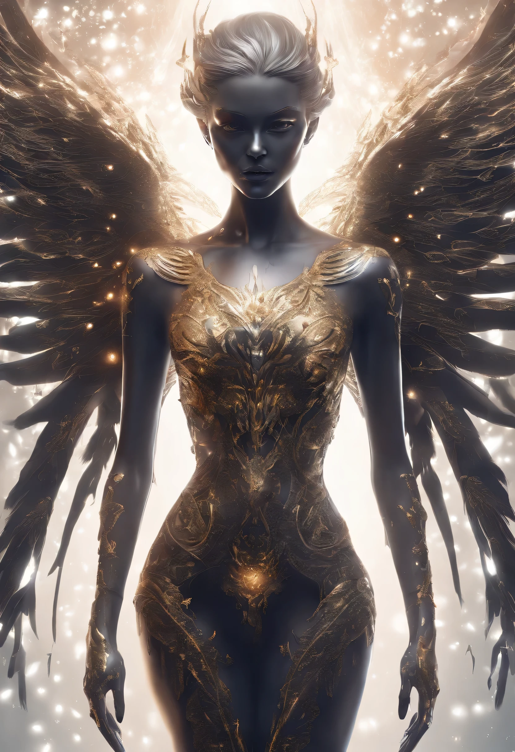 Cosmic Fallen Angel, glowing eyes, biology, delicate face，eerie, crawl, nightmarish, Very bright colors, light particles, glowing light, boss, wallpaper art, Ultra HD Wallpaper
