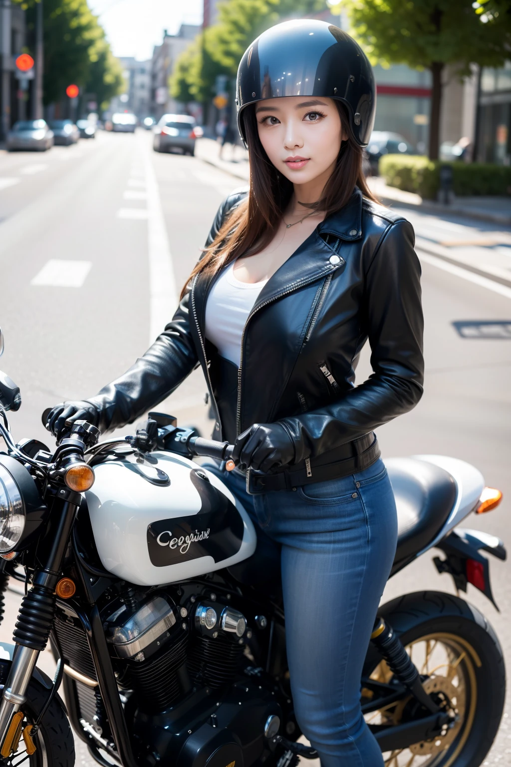 ((highest quality, 8K, masterpiece :1.3)),
Japanese cute milf with curvaceous body,
super detailed face, fine eyes, double eyelid,
coquettish look,urban brown hair, beautiful woman,He wears a fair-skinned leather jacket., leather pants gloves and boots,helmet fashionable motorcycle ride, Whole motorcycle,
street, outdoor,