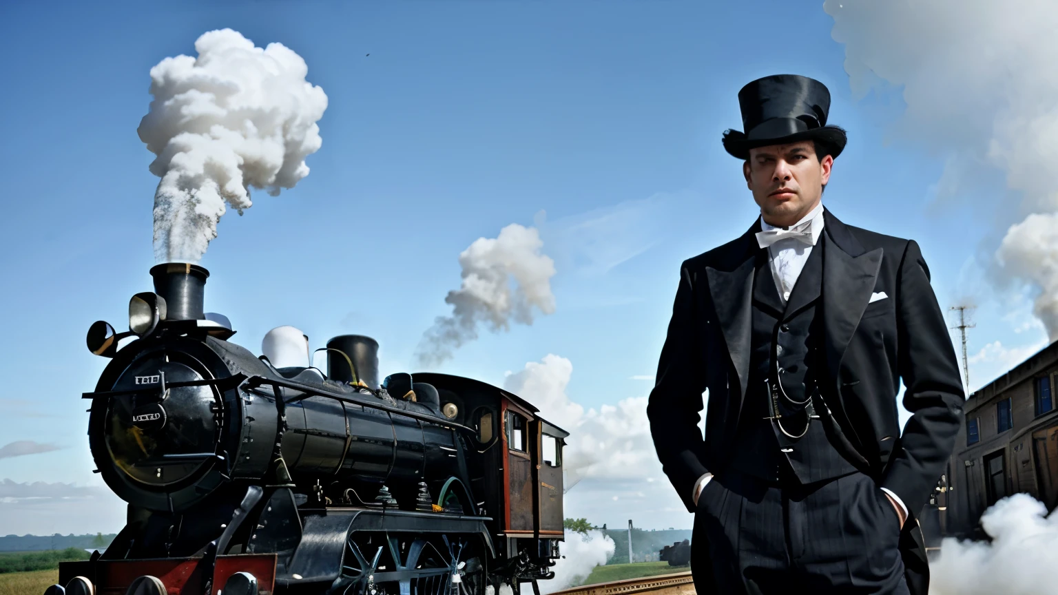 men with top hat and steam engine