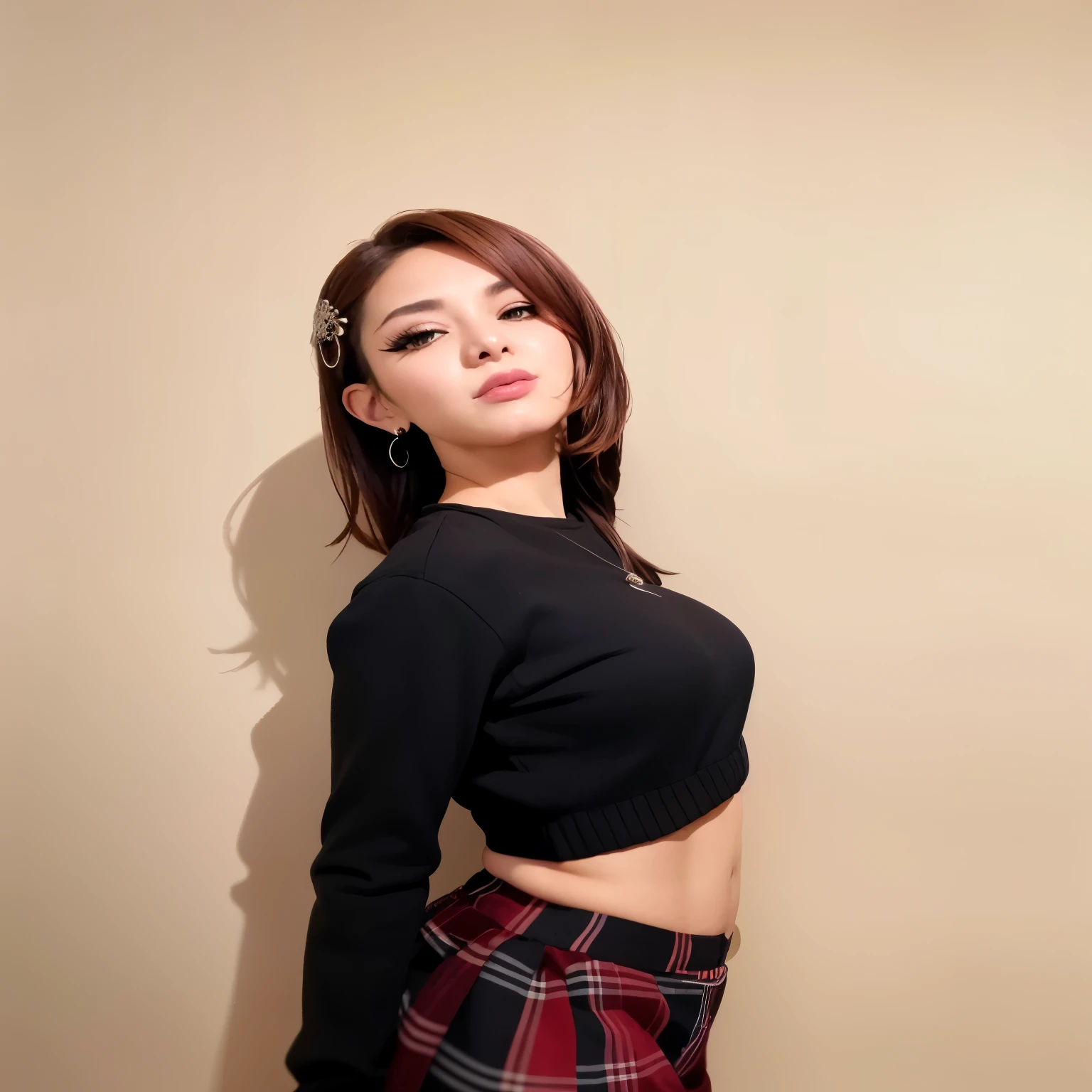 a close up of a woman in a top preto and plaid skirt, usando um top cropped sexy, garota de anime na vida real, Anime Garota Cosplay, Modelo IG | artegerm, top preto, usando top curto, cosplay realista, pose casual, pose atraente, garota persa de pele clara, jovem lindo amouranto, anime garota tailandesa, pose sexy