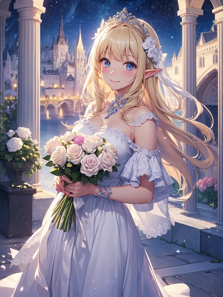 highest quality、Highest image quality、masterpiece、、Close-up、Esbian、High quality、beautiful art、background((starry ski)))muste piece、visual art、Depth of bounds written、rose palace、、magic of light、、harp melody🎵、A happy smile、wearing sunglasses、blonde hair、gentle light、beautiful fairy elf、beautiful dress、ticker beautiful decorative、mystical rosa、、celebration!anniversary、myth、Art nouveau friendly smile、party、White Rose Give me a bouquet of white roses、Marchen funny images、ユーモアサングラス🕶️正面、symmetry