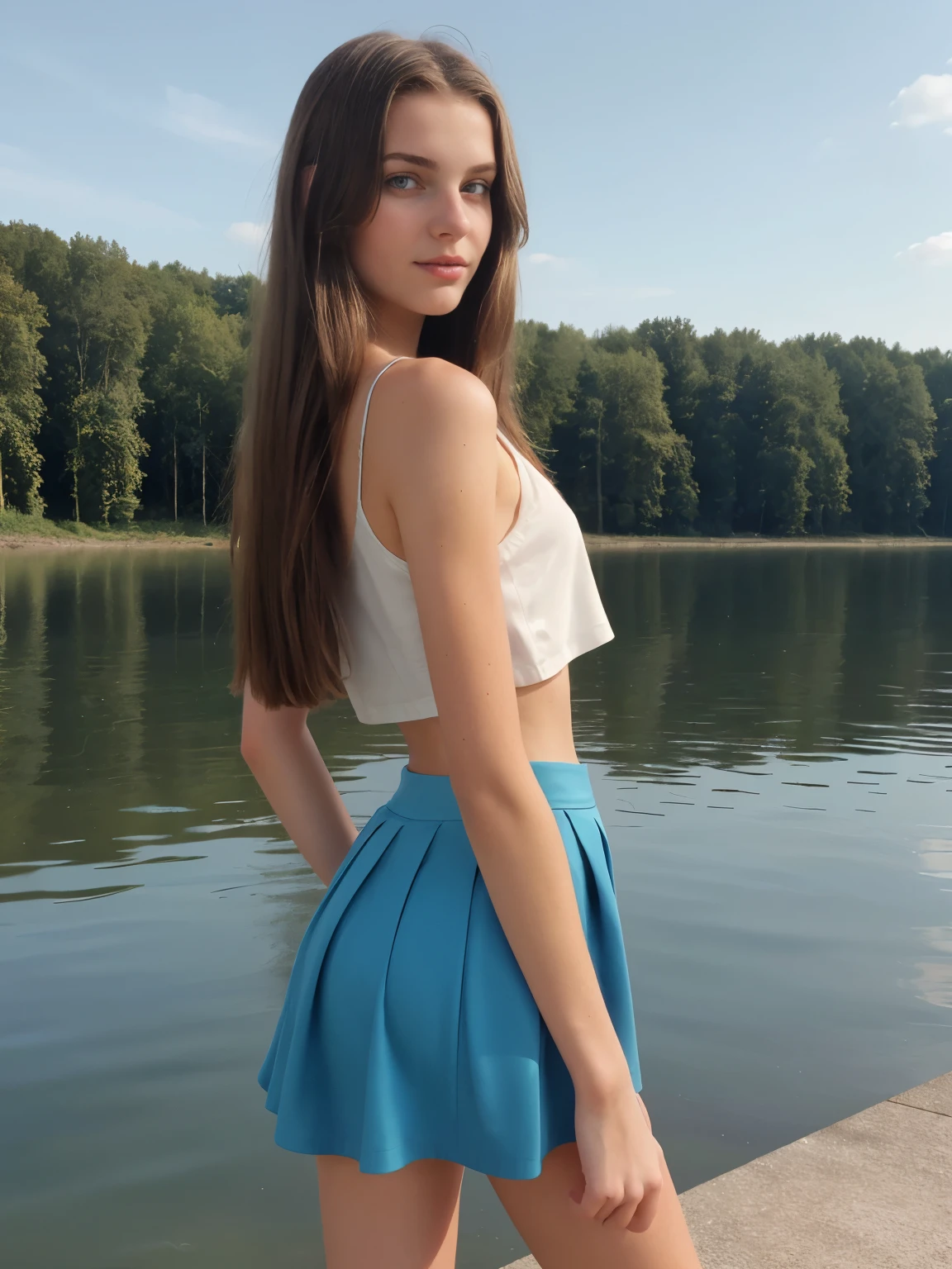 young woman,  Jahre alt, iPhone-camera, straight hairs, beautiful, 16sexy short skirt, model, beautiful face, modelshoot, beautiful skin, lake, skinny body, beautiful body, 16 y.o, sexy ofit, cropped top, colorful outfit