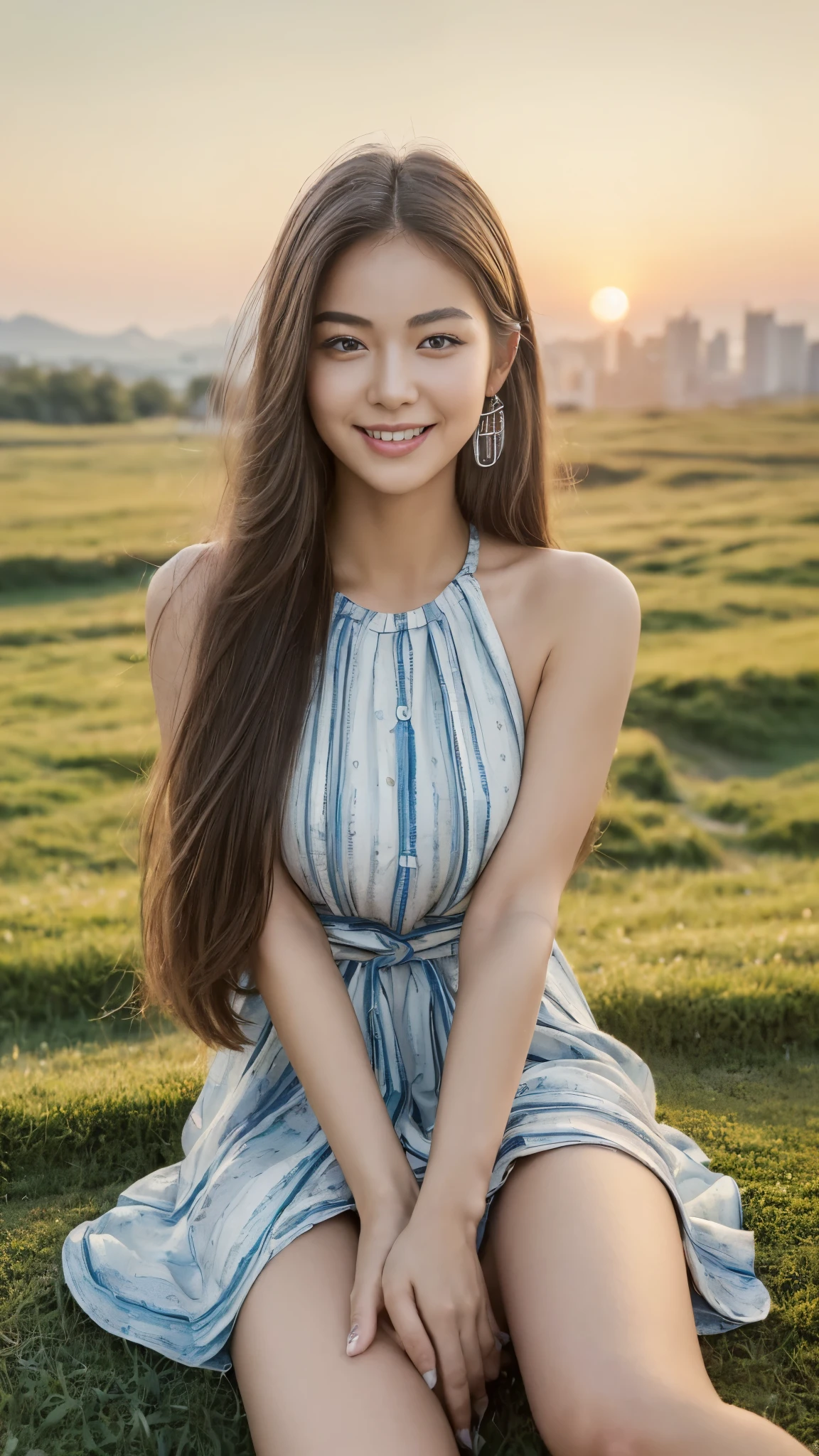 ((top quality, 8 thousand, masterpiece:1.5)), (beautiful body:1.4), very detailed face, detailed eyes, double eyelid, smiling face, While posing as a model, keep your legs together, long hair, She is one, The legs are beautiful, Korean streets, huge meadow, Evening sunset, She is wearing a simple dress.,