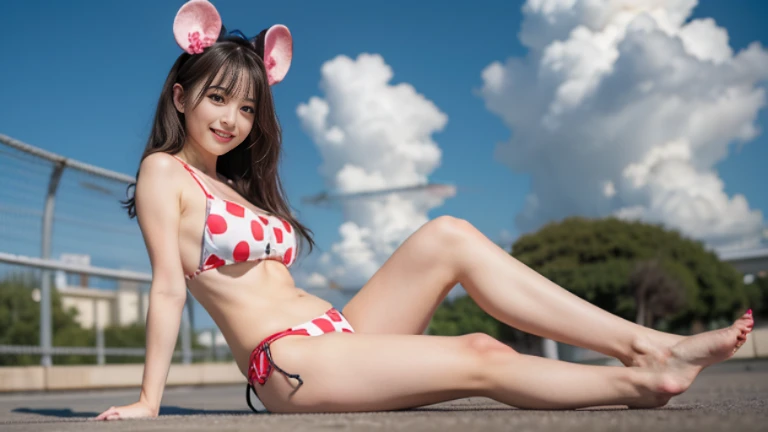 Tokyo Disney City〜, highest quality, realistic, Super detailed, finely, High resolution, (8K), 1 beautiful woman,, light brown messy hair, She is wearing a punk t-shirt and bikini.), sharp focus, perfect dynamic composition, beautiful and detailed eyes, thin hair, Detailed realistic skin texture, smile, , model body、(Full body to toes:1.4)、((Mickey's Ears))、(cloud level shot)、(side standing、looking forward to it)、(白い歯を見せるsmile)、(side shot)、(Mickey Mouse)、(Minnie Mouse)、(with)、