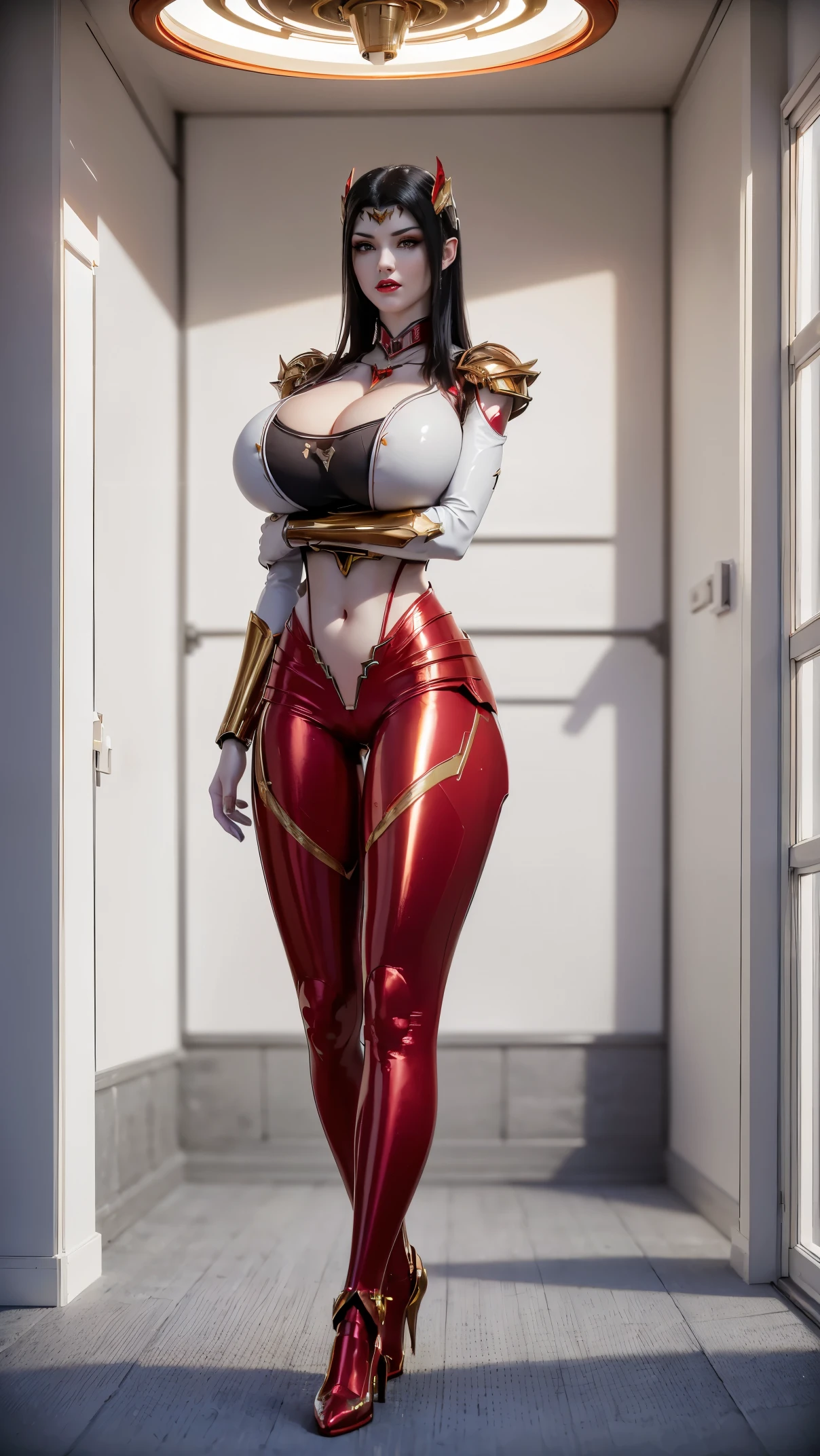 A BEAUTY GIRL WITH BLACK HAIR, ((1girl)),(HYPER-REALISTIC:1.5), (PHOENIX GOLD HELM:1), (EXPOSE HUGE FAKE BREAST:1.5), ((CLEAVAGE:1.5)), (MUSCLE ABS:1.5), (MECHA GUARD ARMS:1.5), (RED SHINY FUTURISTIC MECHA CROP TOP, BLACK MECHA SKINTIGHT LEGGINGS, WHITE MECHA GUARD ARMOR LEGS, MECHANICAL HIGH HEELS:1.5), (MUSCULAR BODY,WET OIL BREAST,SEXY LONG LEGS:1.3), (LOOKING AT VIEWER:1.3), (FEMALE FOCUS:1), (WALKING HALLROOM OF FUTURISTIC SPACE STATION:1), (BRIGHT LIGHT WHITE_ROOM:1.3), HYPER TEXTURE, (4X MSAA), ((UNREAL ENGINE 5 RENDER)), PHYSICALLY-BASED RENDERING, ULTRA HIGHT DEFINITION, 16K, 1080P.