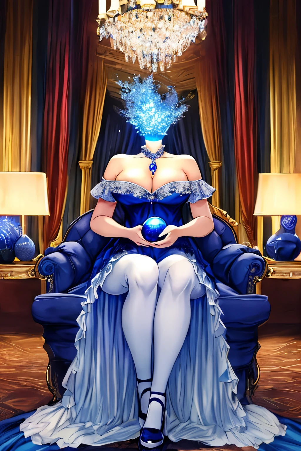 Highly detailed, High Quality, Masterpiece, beautiful, DisembodiedHead, 1girl, solo, headless, princess, cleavage, indigo blue dress, white pantyhose, indigo high heel, sitting, holding crystal ball, couch, living room, castle, fantasy,