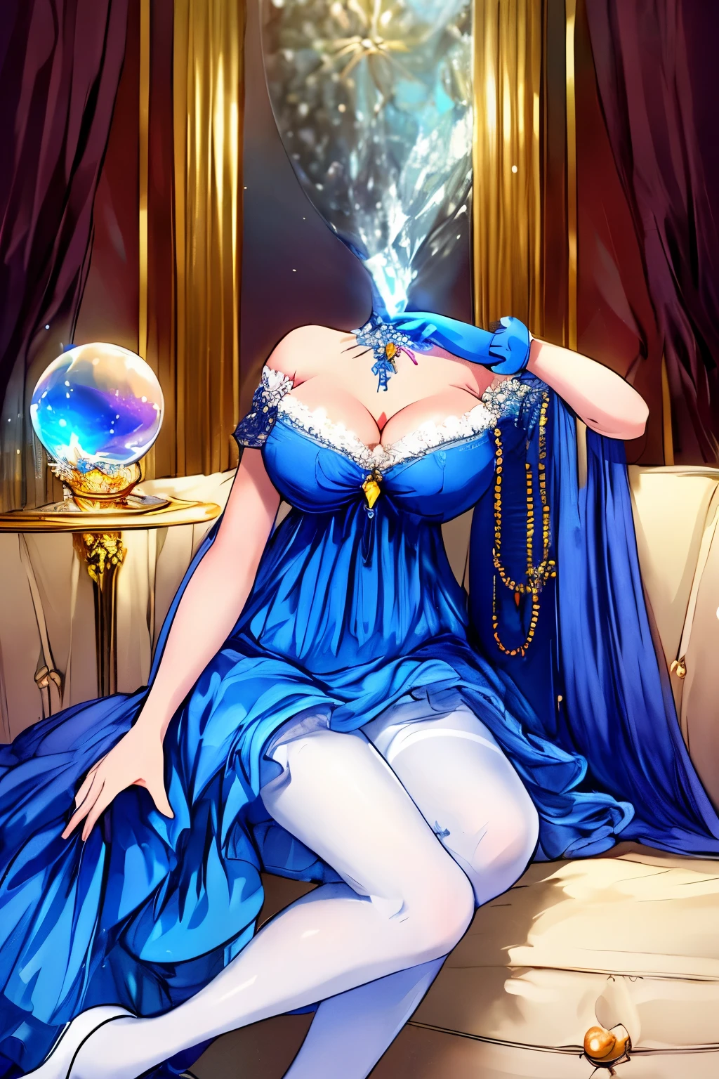 Highly detailed, High Quality, Masterpiece, beautiful, DisembodiedHead, 1girl, solo, headless, princess, cleavage, indigo blue dress, white pantyhose, indigo high heel, sitting, holding crystal ball, couch, living room, castle, fantasy,