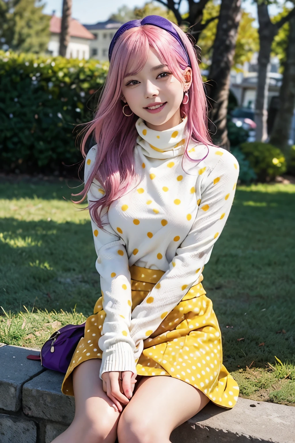 (8K, top-quality, masterpiece:1,2), (reallistic, Photorealsitic:1.37), Super Detail, One girl,), (Highly detailed), (beautifully detailed eyes), (of the highest quality), (super detailed ), (masterpiece), (Detailed face),20yr old, ,1 girl, ((pink hair)), medium breasts, clothed, Perfect Lighting, pussy and breast focus, looking at viewer, (white turtleneck sweater:1.3), (red and green checkered sweater:1.4), (yellow and purple polka dot skirt:1.5), fluffy tops and tight bottoms, long sleeves covering hands, (pink lace socks:1.2), (brown oxford shoes:1.2), (blue ribbon headband:1.2), (orange earrings:1.2), sitting on the grass, park, trees, flowers, smiling, squinting eyes, lifting mouth corners, holding head with right hand, lifting skirt hem with left hand, legs crossed, orange light of sunset, soft shadows