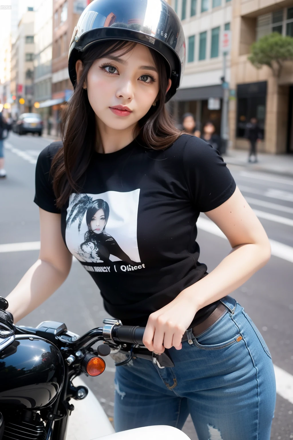 ((highest quality, 8K, masterpiece :1.3)),
Japanese cute milf with curvaceous body,
super detailed face, fine eyes, double eyelid,
coquettish look,urban brown hair, beautiful woman,He has fair skin and is wearing a T-shirt., helmet fashionable american motorcycle ride, Whole motorcycle,
street, outdoor,
