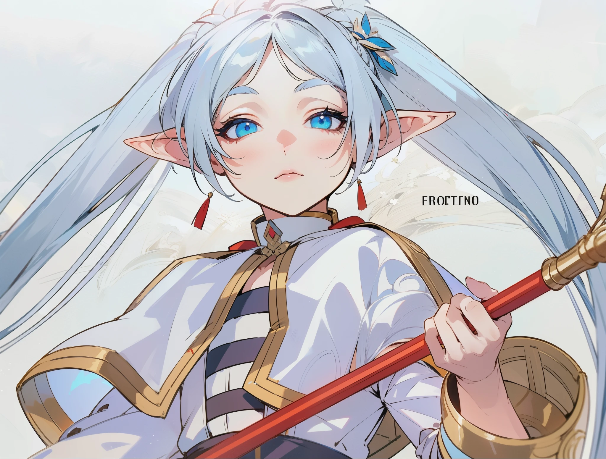 Elf, Elf ears, pele branca,Best quality at best,Dadalya(Impacto Genshin , elf girl,Olhos azuis,cabelo branco,sozinho,white hair,olhos azuis ,cabelo entre os olhos,((olhos lindos )),frieren,(master part, best quality),(roupa branca),auto-seguro,Divirta-se,expression serious, frieren, segurando um cetro