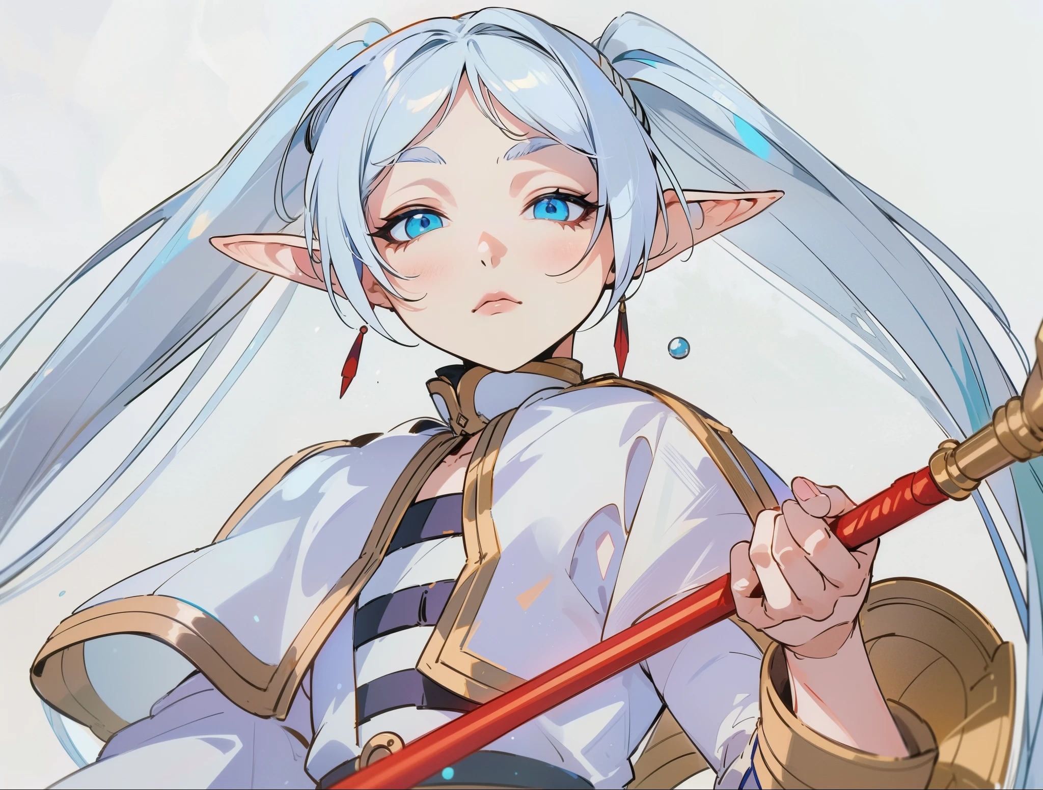 Elf, Elf ears, pele branca,Best quality at best,Dadalya(Impacto Genshin , elf girl,Olhos azuis,cabelo branco,sozinho,white hair,olhos azuis ,cabelo entre os olhos,((olhos lindos )),frieren,(master part, best quality),(roupa branca),auto-seguro,Divirta-se,expression serious, frieren, segurando um cetro
