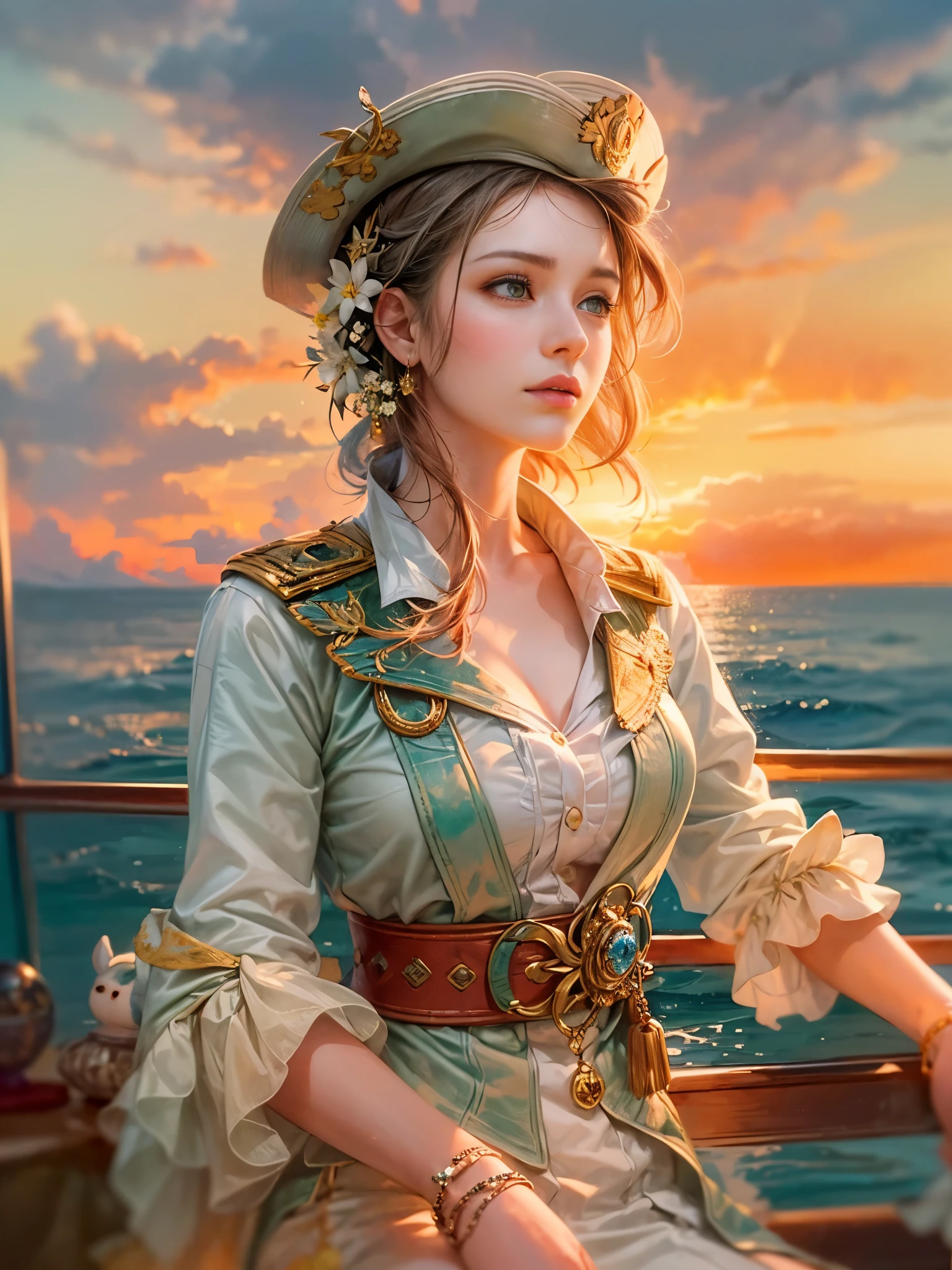 a picture of figures,Depicts a fantasy female captain in a moment looking out to sea at sunset。Leaning on the ship's railing,The expression is thoughtful。Vibrant sunset sky reflected in calm sea,seagulls in the distance。Soft, warm lighting highlights her thoughtful gaze。Create using:digital strokes、Reflect emotions、calm ocean scene、Detailed character research、ambient sunset color、peaceful atmosphere、glibatree tips、HD quality、Natural look。Focus on showing the elegance and sophistication of female captains, (floral watercolor painting:1.5),,(Super high saturation, bright and vivid colors:1.5), (nsfw), (Look at the audience head-on:1.5)