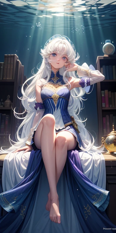 [(Transparent Background:1.5)::5],(((masterpiece))),(((best quality))),(((Very detailed))),illustration, 1 girl,alone,mystery,Bright colors,shining, underwater transparent sealed hemispherical glass dome, (white hair),(purple eyes), Full body female love,barefoot,Long hair is calm and natural, Require,underwater, domes,close up,dynamic action,Lens perspective,(((Box composition))),sit cross-legged，Leaning against the bookshelf, Volumetric lighting, multi-colored eyes, delicate eyes, Super detailed,faint smile, Very detailed, beautiful, nitty gritty, Super detailed, best quality, complex, 4K, 8k, Popular topics on artstationh, good anatomy, beautiful lighting, Award-winning,