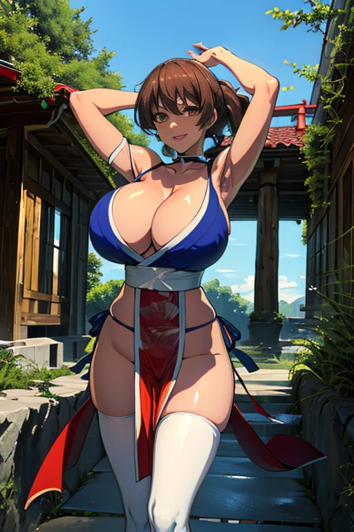 masterpiece, high resolution, best quality, 1 woman, solo, Mii, big breasted, cleavage, blue_japanese_clothes, sleeveless, brown stockings, wind blowing her pelvic curtain exposing her panties, alluring body, sexy and revealing outfit, dancing seductively, smiling joyfully, looking at the viewer, flirting, jungle environment