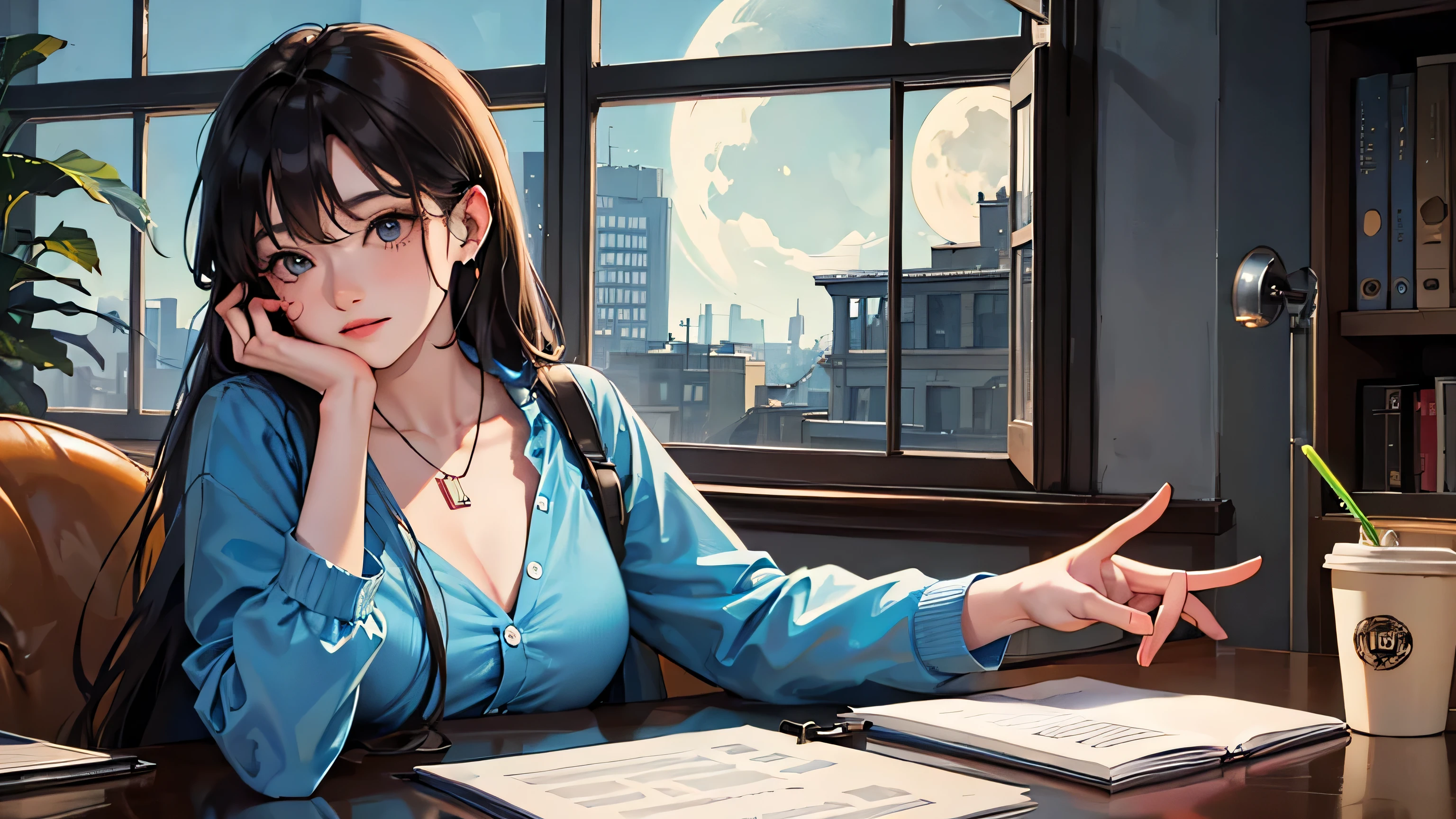 lofi style, study and writing, laptop on desk, listening music with earphone, beautiful long hair, beautiful moon shining at window, coffee on table, wearing blue dress