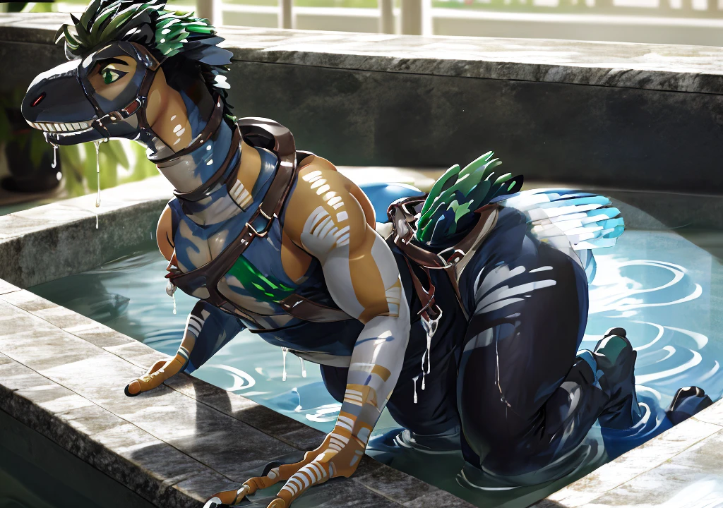 Ultra high resolution, best quality, masterpiece, extremely detailed raw photograph,  (half transformation), male human shiny smooth polyvinyl feathered deinonychus velociraptor mount inflatable fursuit hybridization metamorphosis, in gymnasium pool at night, (part human:1.8), wearing riding saddle bridle and harness, (green:1.9) (gray:1.5) (brown:1.8) (spots:1.1) (stripes:1.1), ((liquid polyvinyl goo partial dripping encasement)), male human feathered velociraptor mount inflatable polyvinyl fursuit hybrid, front zipper, plastic handlebars, air valve nozzle