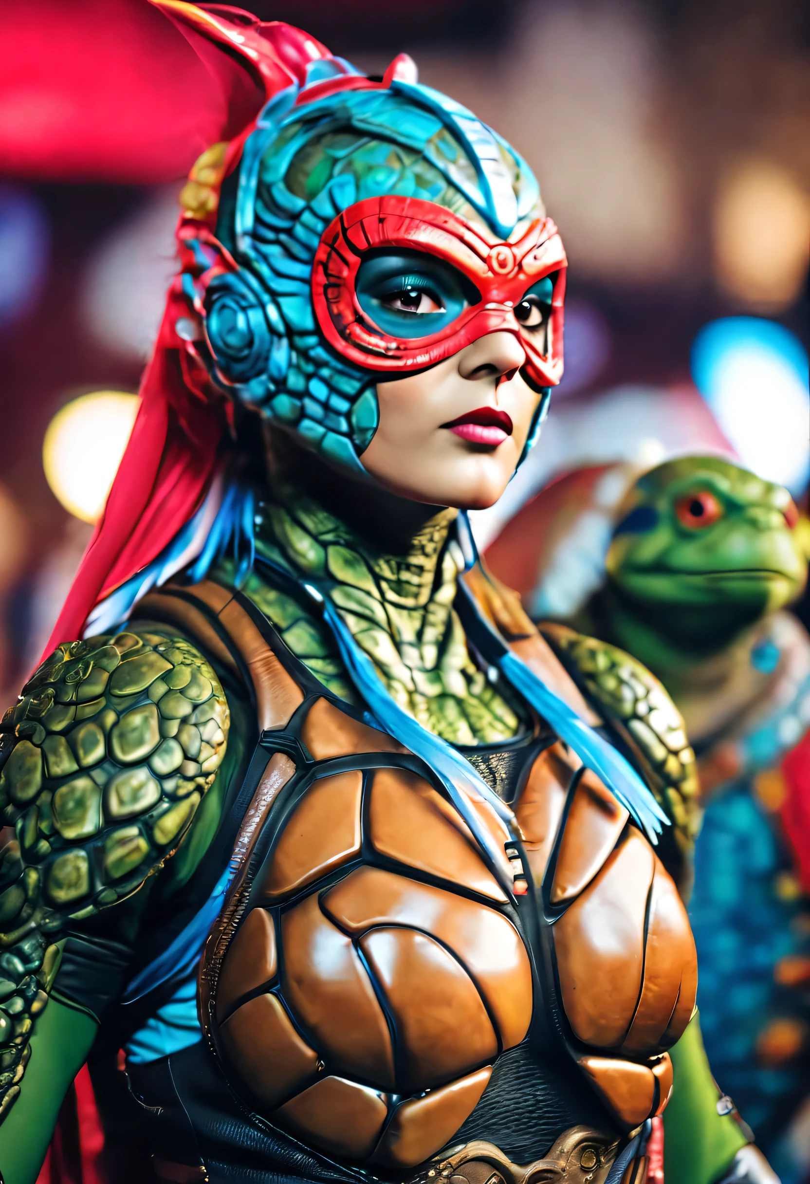 (best quality,4k,8k,highres,masterpiece:1.2),ultra-detailed,(realistic,photorealistic,photo-realistic:1.37),amazing amateur cosplayer,young woman 20,extremely busty,big ass,cute face,slim waist,sexy ninja turtle cosplay,action pose on convention stage, vibrant colors, dynamic lighting, lively atmosphere, fans applauding, meticulous makeup, attention-grabbing costume, realistic turtle shell, intricate details, expressive eyes, confident expression, energetic movement, enthusiastic crowd, professional photography, intense focus, vibrant background, lively convention floor, vibrant atmosphere, thrilling cosplayer, eye-catching display