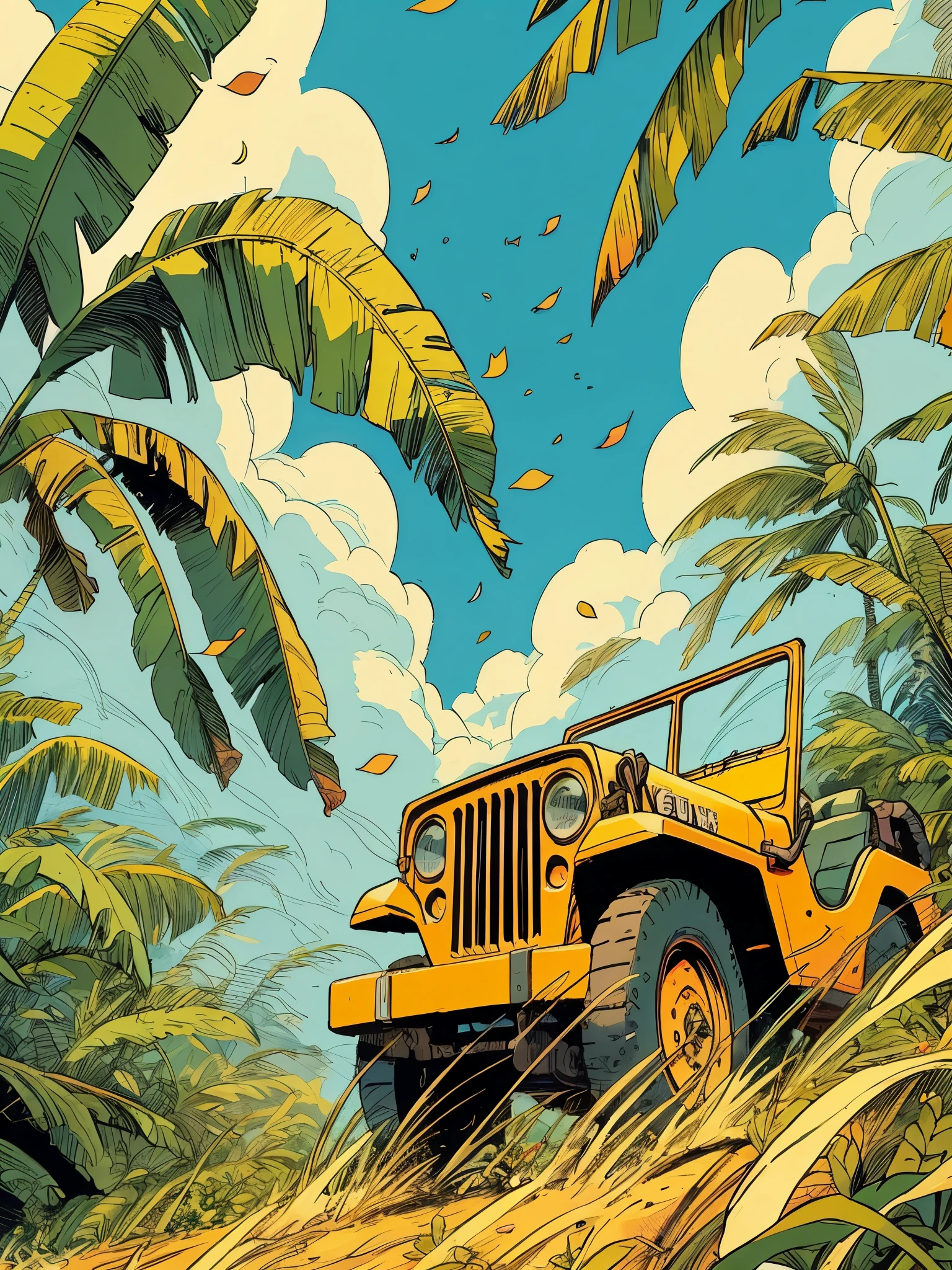 Draw an tintin style anime comic simple art yellow off road jeep in tropical forest under wide open blue sky, big banana leaves plants, windy, petals in the air, looking away, shade, clouds, vibrant sky, beautiful color palette, vibrant saturated colors