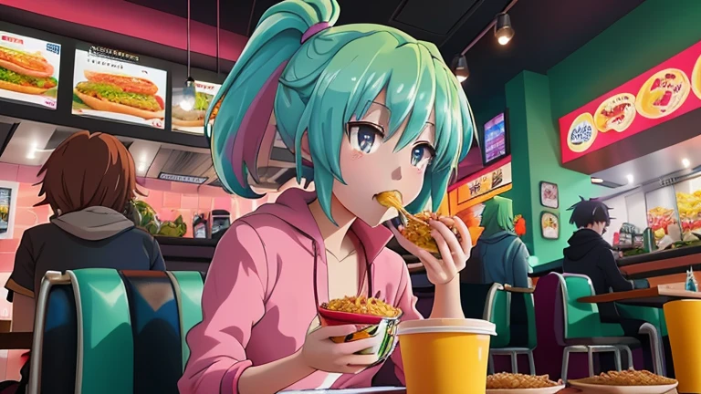 anime girl with green hair eating noodles in a fast food restaurant, anime style 4 k, anime styled digital art, anime style. 8k, digital anime illustration, detailed digital anime art, rossdraws cartoon vibrant, anime art wallpaper 4k, anime art wallpaper 4 k, realistic anime artstyle, anime art wallpaper 8 k, stunning art style, anime style illustration